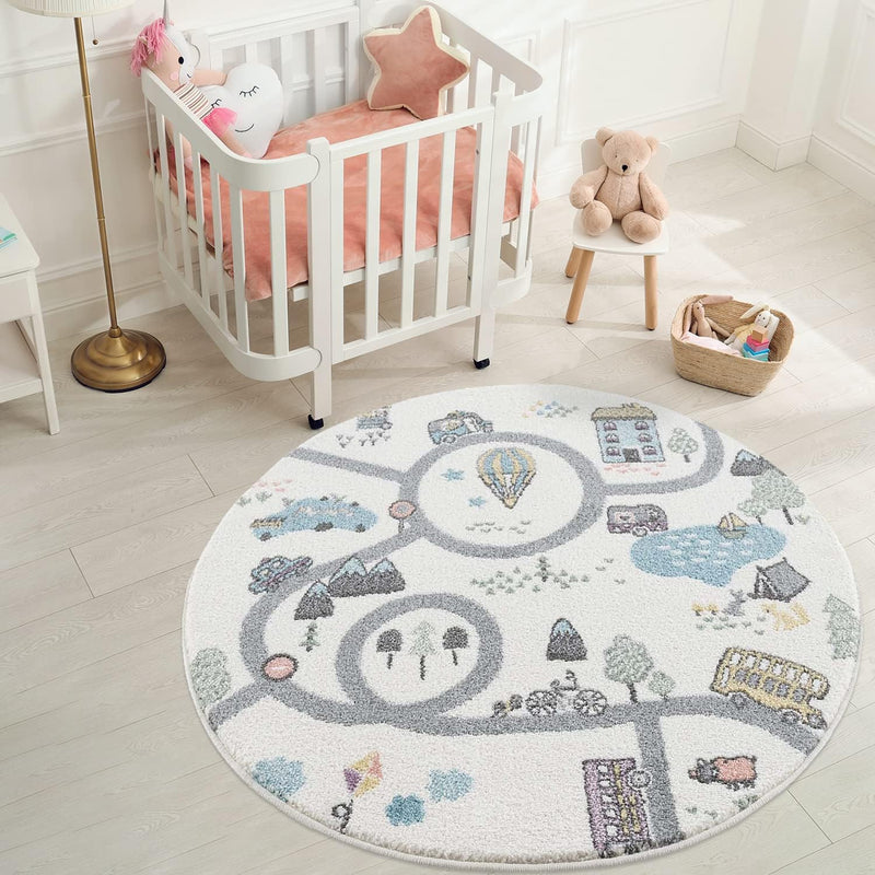 payé Teppich Kinderzimmer - Creme - 120x120cm - Strassenteppich - Pastellfarben Spielteppich Kindert