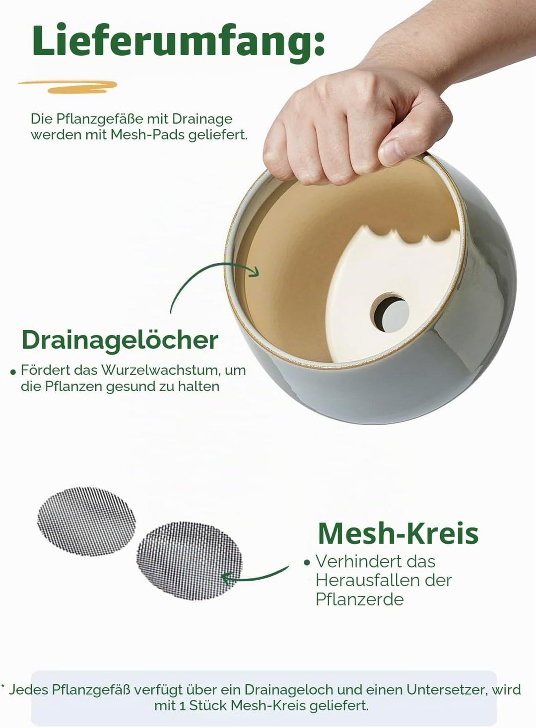 LE TAUCI Blumentöpfe für Zimmerpflanzen, 4,1 + 5,1 + 16,5 cm, 3 Stück, Keramik-Pflanzgefässe mit Dra