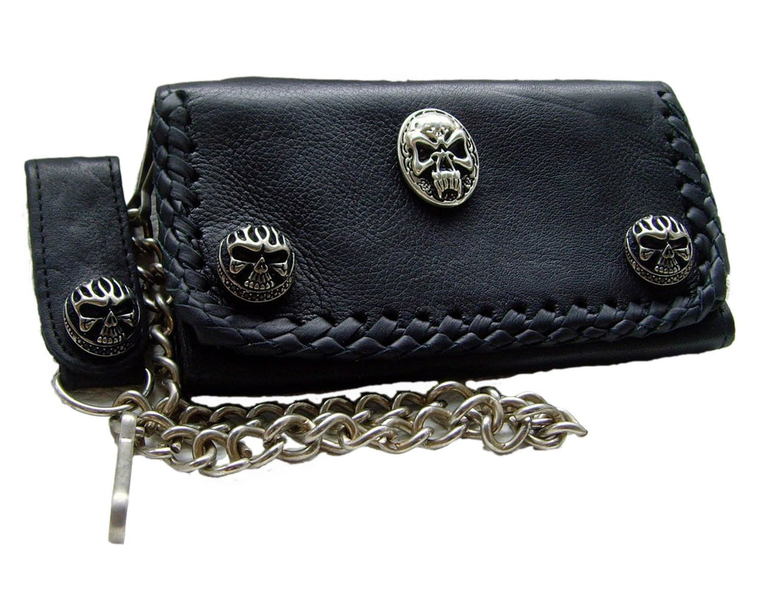 Biker-Leder-Geldbörse Wallet Zierniete Bad-Skull Leder-Farbe Schwarz 16x10cm mit Kette und Schlaufe