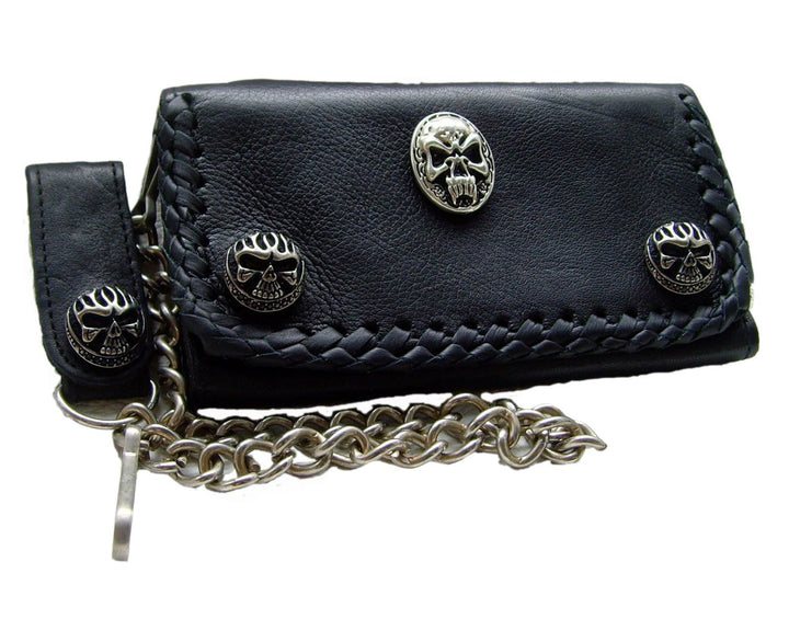 Biker-Leder-Geldbörse Wallet Zierniete Bad-Skull Leder-Farbe Schwarz 16x10cm mit Kette und Schlaufe