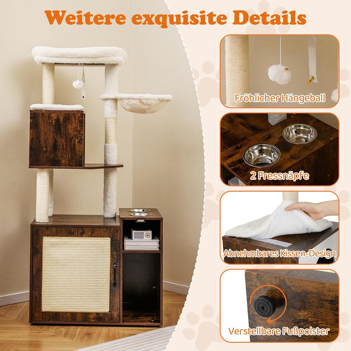COSTWAY Kratzbaum mit Katzenklo Schrank, Katzenschrank für Katzentoilette, Katzenkratzbaum mit Sisal