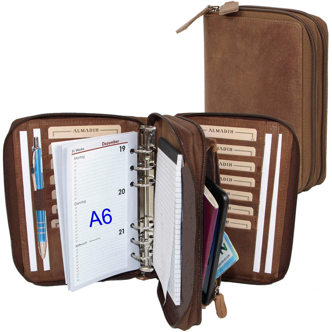 ALMADIH Leder A6 Kombimappe 2 Reissverschluss Fächer Kalender 2024 Premium Rindsleder Braun Vintage