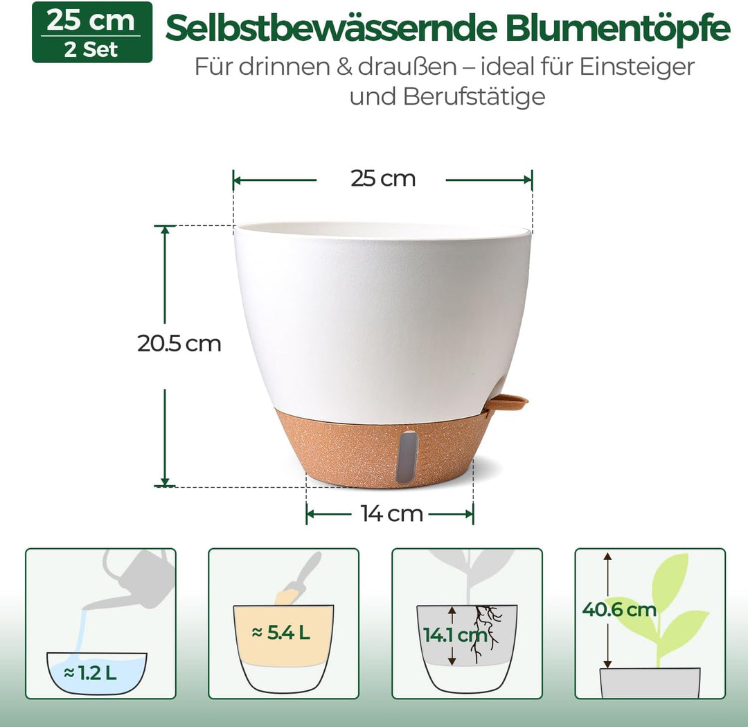T4U 2er Set 25cm Selbstbewässernder Blumentopf mit Wasserstandsanzeige, ideal für Geigenfeige & Mons