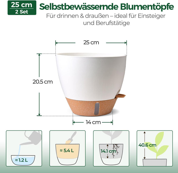 T4U 2er Set 25cm Selbstbewässernder Blumentopf mit Wasserstandsanzeige, ideal für Geigenfeige & Mons