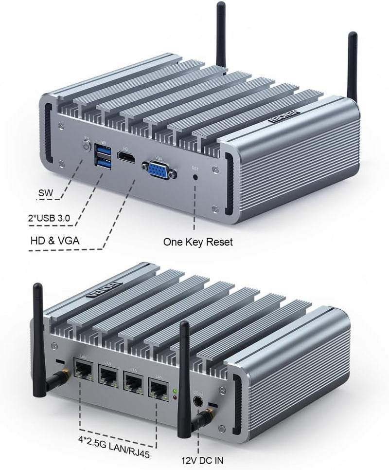 VENOEN Micro Firewall Appliance Fanless Mini PC 4 LAN, Firewall Mini PC Celeron J4125,4 x I225-V NIC