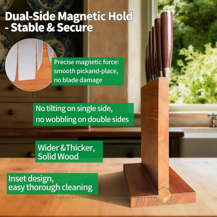 FULLHI Doppelseitige grosse magnetische Messerblock Akazienholz Messer Set Halter Stand mit Stronge