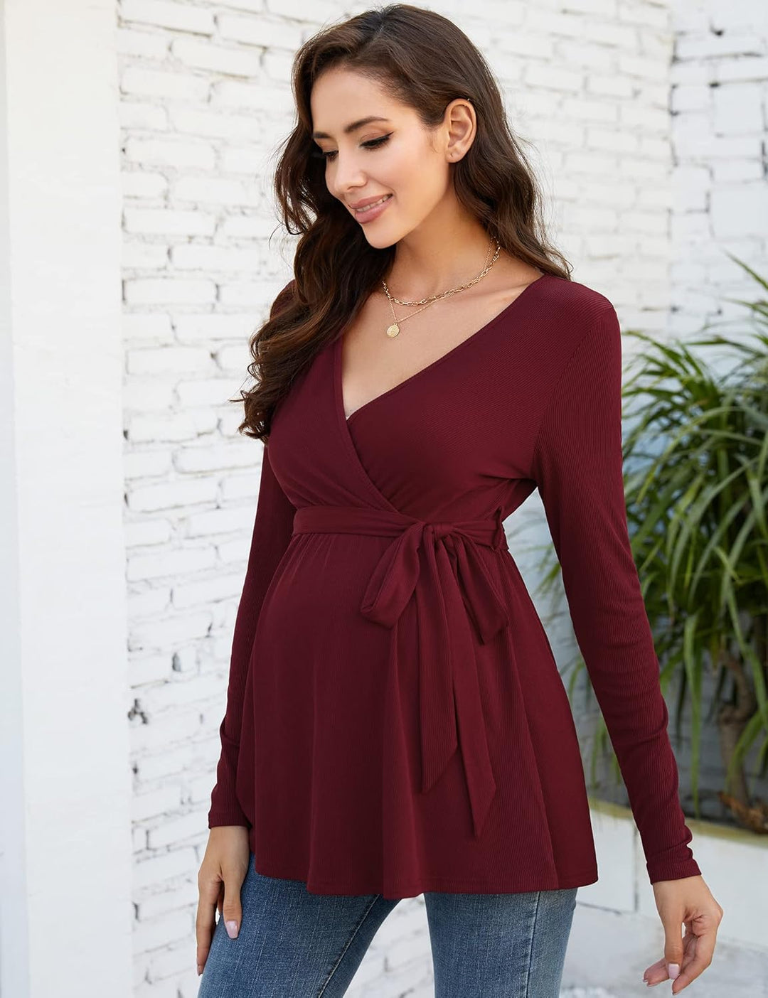 KOJOOIN Damen Stillshirt Schwangerschaftsshirt V-Ausschnitt Umstandsshirt Langarm Nursing Tops mit G