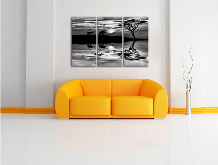 Pixxprint Elefanten in Afrikanischer Steppe als Leinwandbild/Grösse: 3 Teilig (120x80 cm) cm/Wandbil