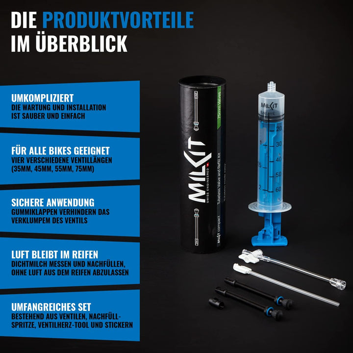 MilKit Compact Tubeless Ventilsystem - Mess-und Nachfüllspritze 60ml - Zwei Patentierte Tubelessvent