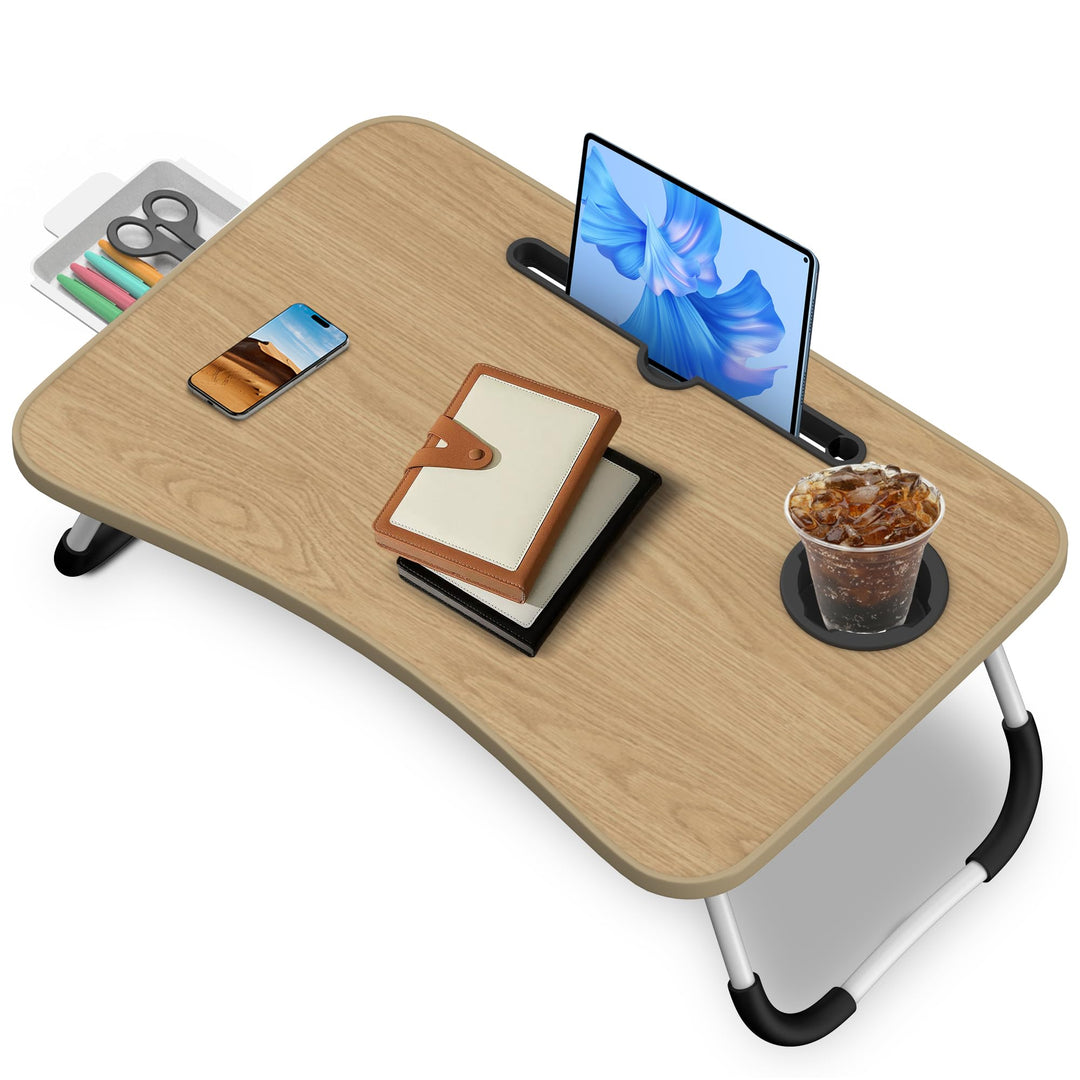 Soontrans Laptoptisch, 60 x 40 x 28 cm, Laptop Tisch mit Tablethalter, Schublade, Getränkehalter, Be