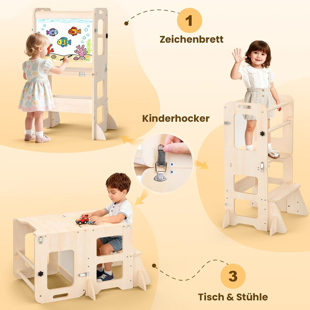 Montessori Lernturm ab 1 Jahr, 4 in 1 Montessori Learning Tower für Kinder mit Rausfallschutz, Lernt