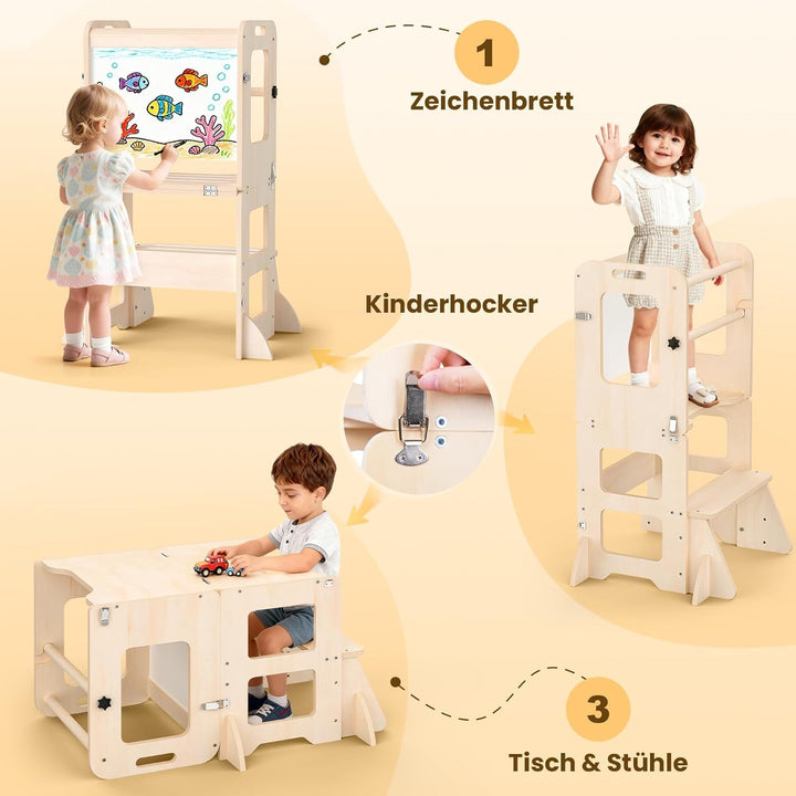 Montessori Lernturm ab 1 Jahr, 4 in 1 Montessori Learning Tower für Kinder mit Rausfallschutz, Lernt