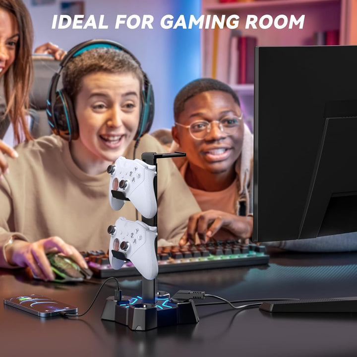 KDD Headset Halterung Led mit USB Ladestation, Controller Halterung & Kopfhörer Ständer Tisch mit 2
