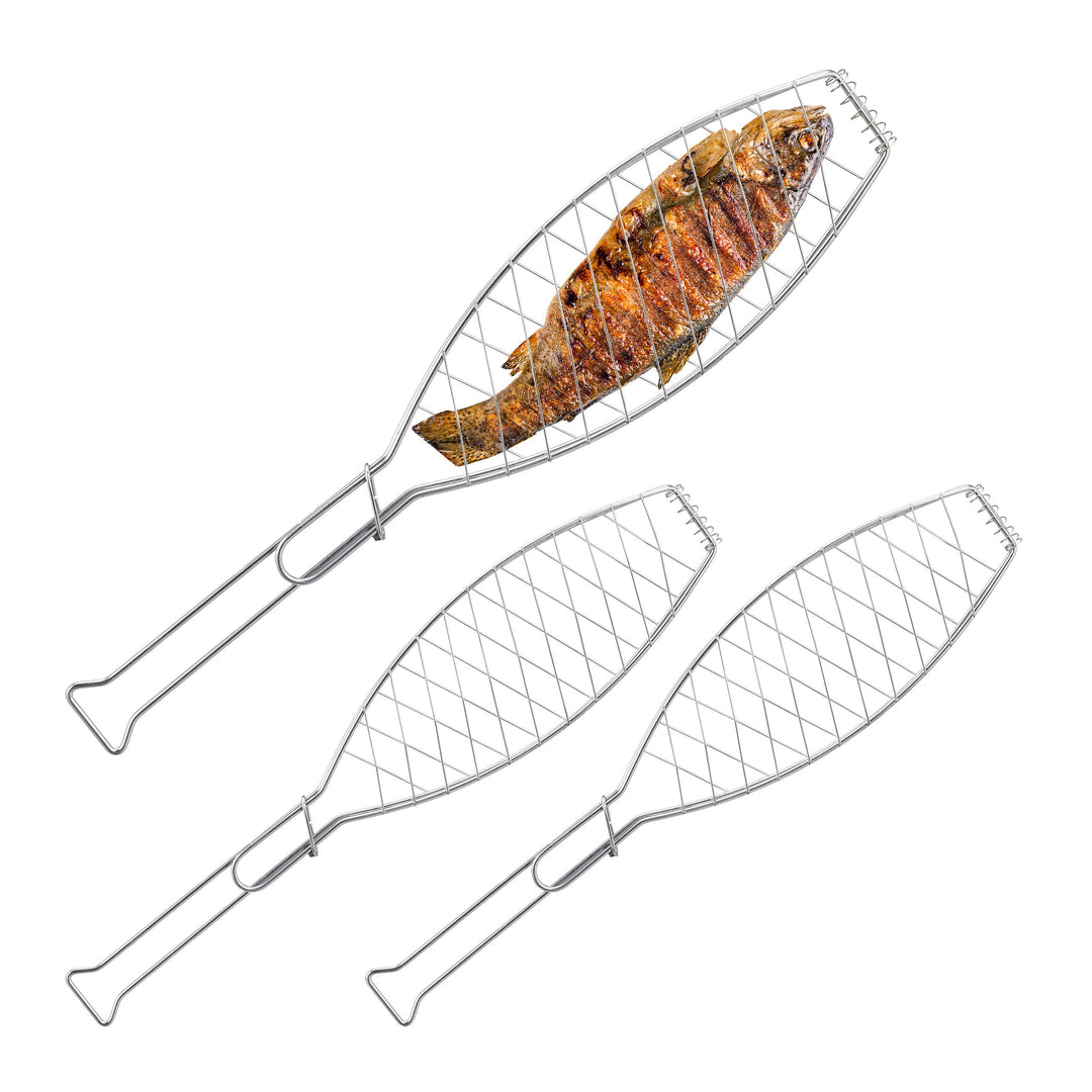 Relaxdays Fischbräter 3er Set, Edelstahl, mit Griff, 54 cm lang, Fischhalter zum Grillen, Grillgutha