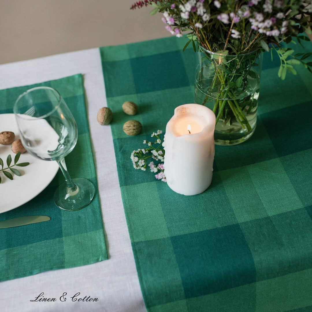Linen &amp; Cotton Tischläufer Stoff Läufer Tischwäsche Kariert Bunt Emerald - 100% Leinen, Grün Mint Gr