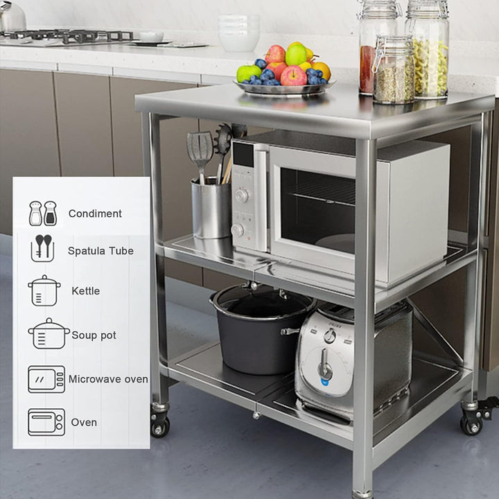 AMSXNOO Arbeitstisch Edelstahl, 3 Ebenen Faltbar Servierwagen Edelstahl Rollwagen Küchentisch mit 4