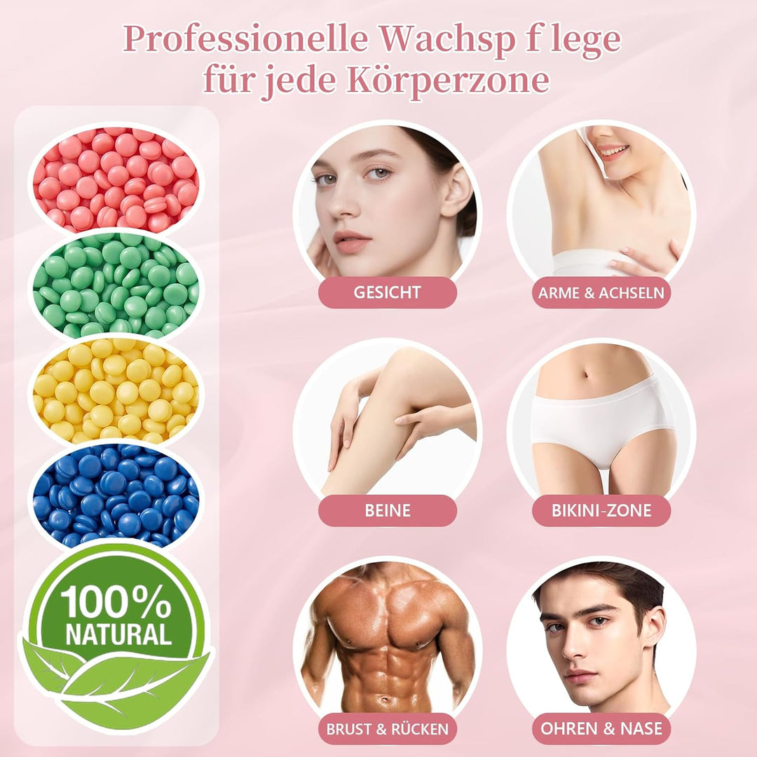 Waxing Set Wax Maschine - Warmwachs Haarentfernung Waxing Kit mit 4X100g Waxing Perlen, Silikonschal