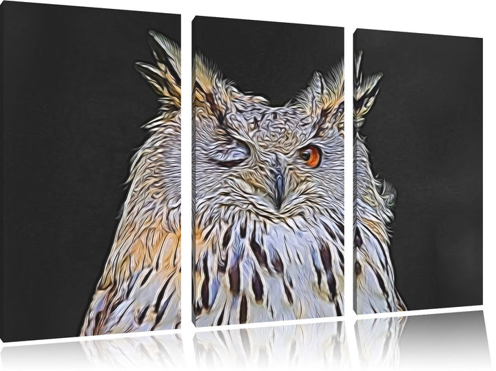 zwinkernde Waldohreule schwarz/weiss Deluxe 3-Teiler Leinwandbild 120x80 Bild auf Leinwand, XXL ries