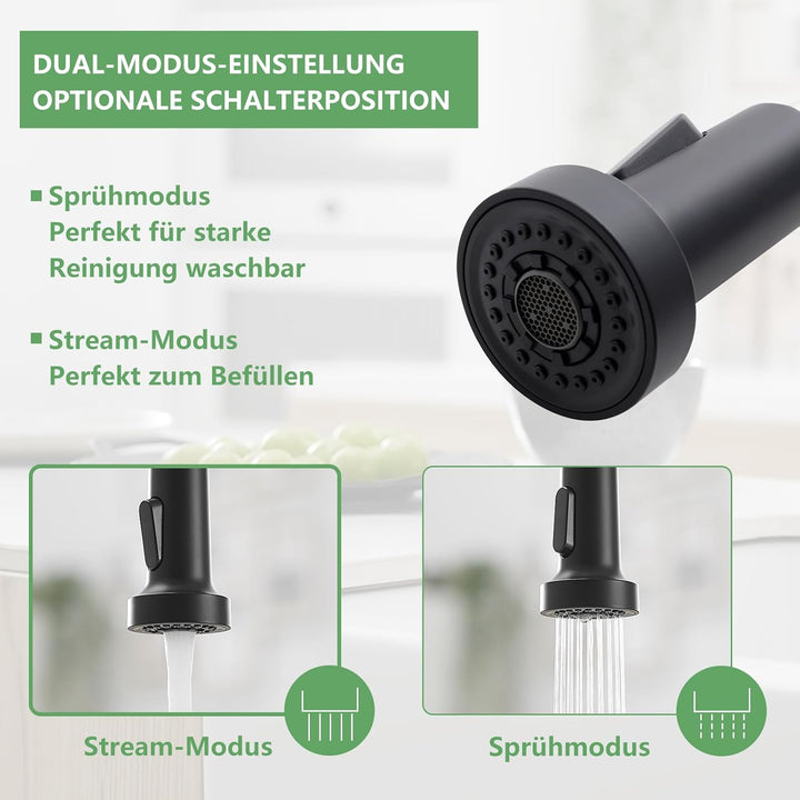 TIMACO Schwarz Wasserhahn Küche, Hochdruck-Küchenarmatur mit herausziehbarer Brause,Mischbatterie Sp