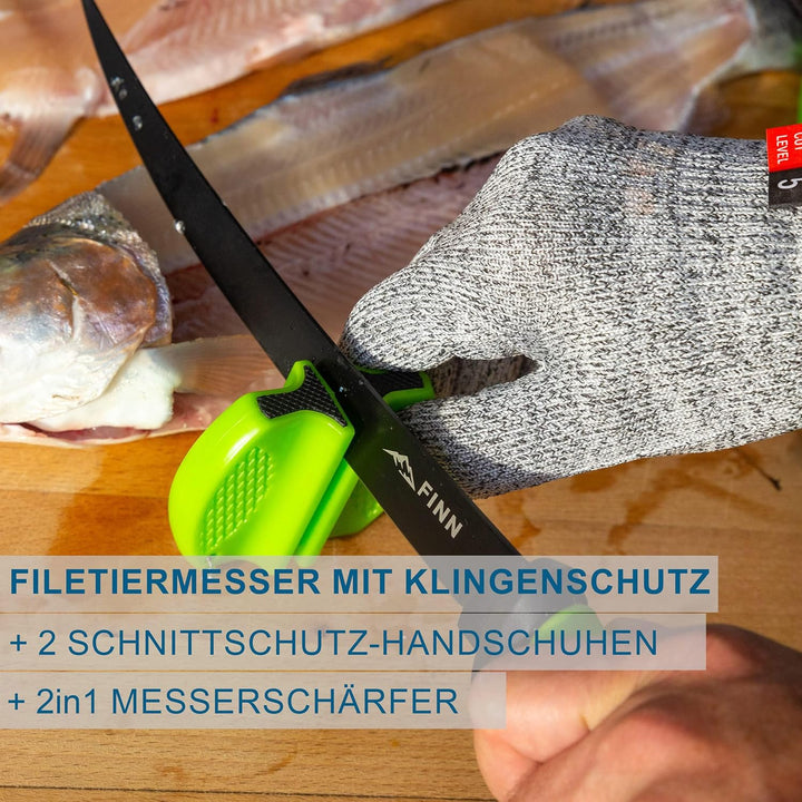 Filetiermesser Set Edelstahl Angelmesser, Fischmesser, Küchenmesser, Ausbeinmesser mit 2in1 Messersc