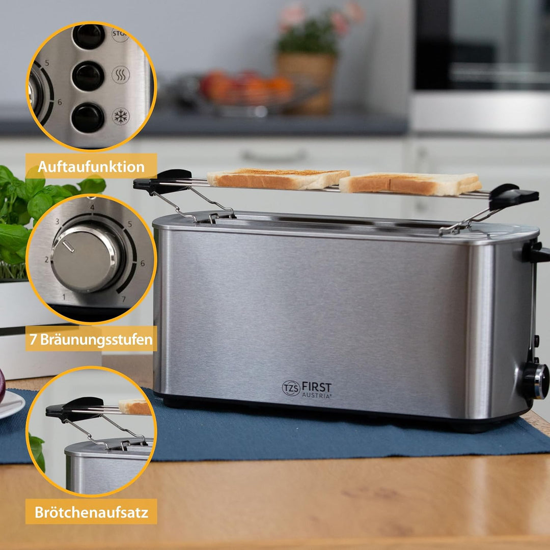 TZS First Austria Toaster Langschlitz, Edelstahl, 4 Scheiben, 1400W, mit abnehmbarem Brötchenaufsatz
