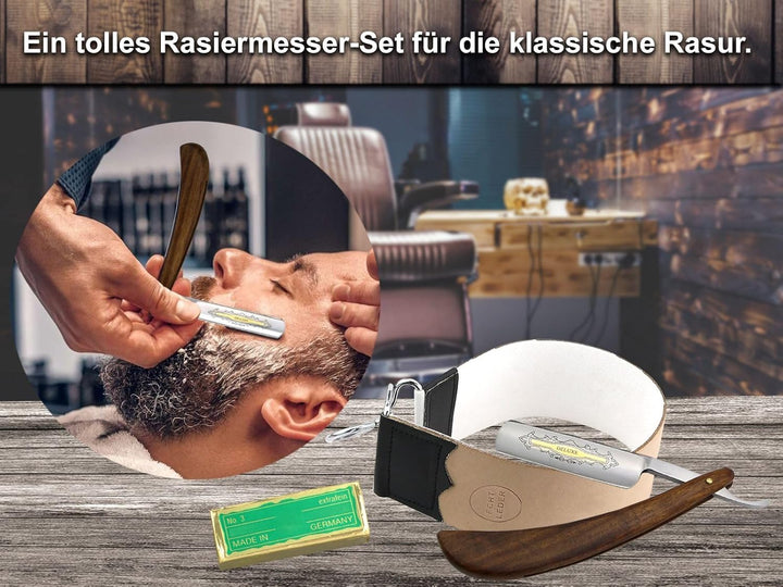 Premium Solingen Paste im Set mit Rasiermesser mit Goldätzung auf der Rasierklinge und Holzgriff + P