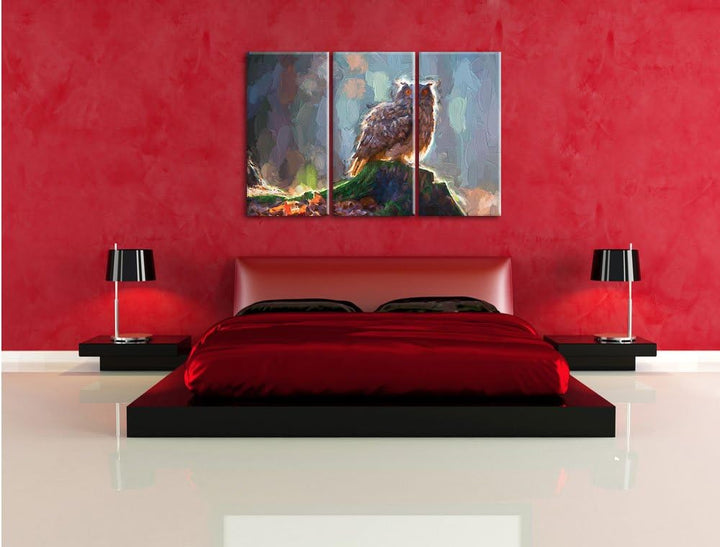 Pixxprint Eule auf dem Baumstamm als Leinwandbild/Grösse: 3 Teilig (120x80 cm) cm/Wandbild/Kunstdruc