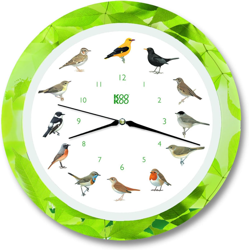 KOOKOO Singvögel Quarzwerk Leaf, Die Singende Vogeluhr, runde Wanduhr mit natürlichen Vogelstimmen,