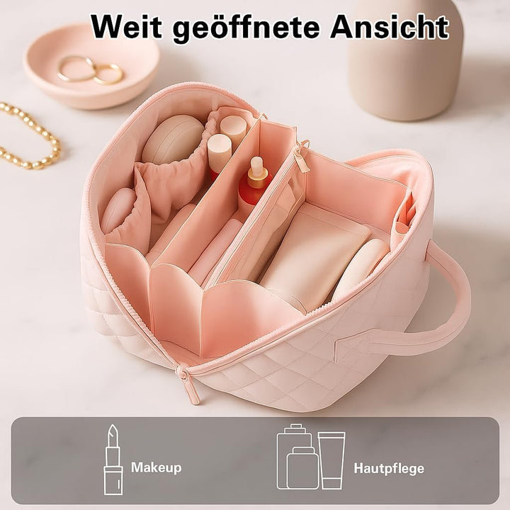 Travel Makeup Bag for Women – Large Capacity Waterproof Puffer Cosmetic Organizer, 180° Lay-Flat Toi