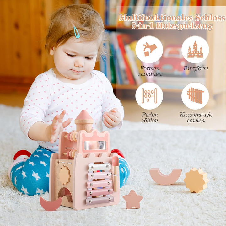 WOODEN TEETHER Montessori Motorikwürfel holzspielzeug Montessori Spielzeug ab 1 Jahr 5 in 1（Rosa Sch