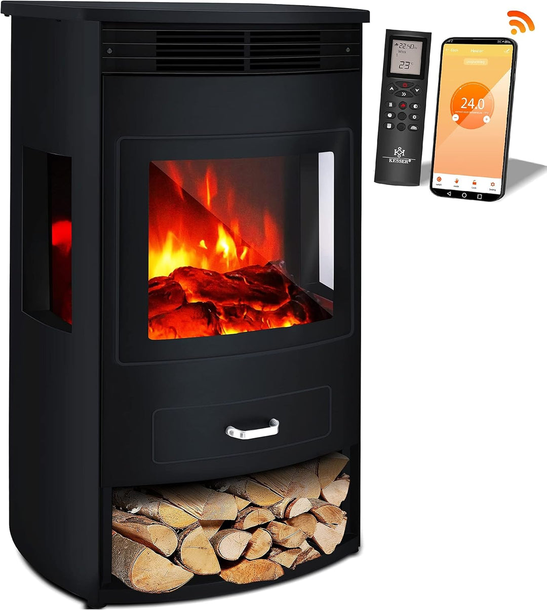 KESSER® Prio Elektrokamin mit Heizung Heizlüfter Fernbedienung WiFi App 950/1900 W Kamin elektrisch