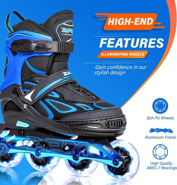 2PM SPORTS Verstellbar Inliner für Kinder, Leucht Inline Skates Rollschuhe für Damen/Herren Blau Sma