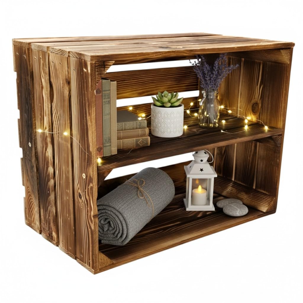 Teramico Obstkisten/Weinkisten/Holzkisten 50 x 40 x 30cm mit Zwischenböden -Geflammt- Zum Möbelbau -