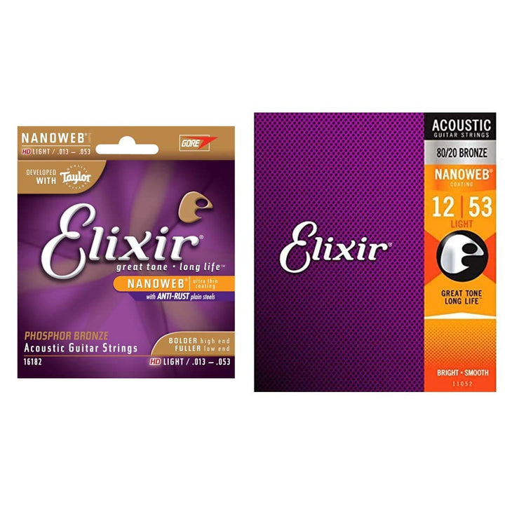Elixir® Saiten 80/20 Bronze Akustik-Gitarrensaiten mit NANOWEB® Beschichtung, Light (.012-.053) & Sa