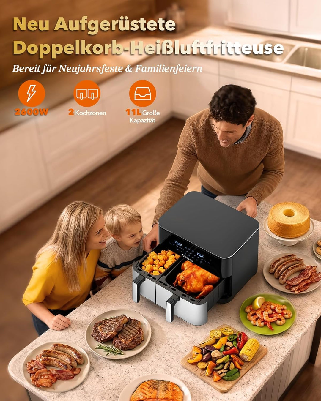 WELLENT 11L Airfryer 2 Kammern, 2600W Heissluftfritteuse XXL(4+7L),10-in-1 Heissluftfritteuse Doppel