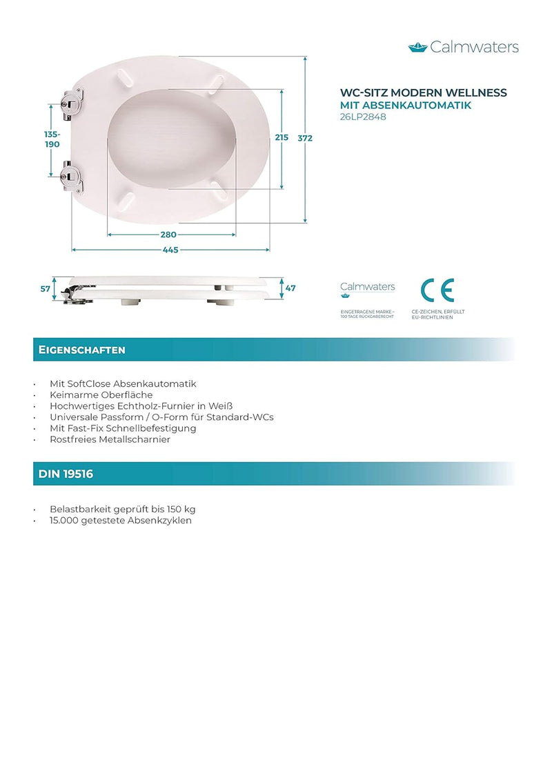Calmwaters® WC Sitz mit Absenkautomatik Modern Wellness, Toilettensitz Holz gekalkt, Holzkern Klodec