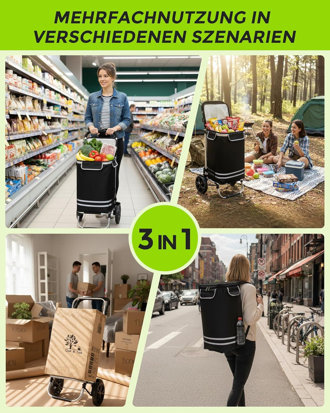 Oak & Tea Einkaufstrolley 3 IN 1 Klappbar, Leicht & Robust (50kg Traglast, 56L) mit 2 Rädern & Verst