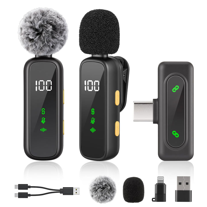 Upgrade Mini Mikrofon Handy mit Batterie-Display, Kabelloses Lavalier Ansteckmikrofon Klein Mic Wire