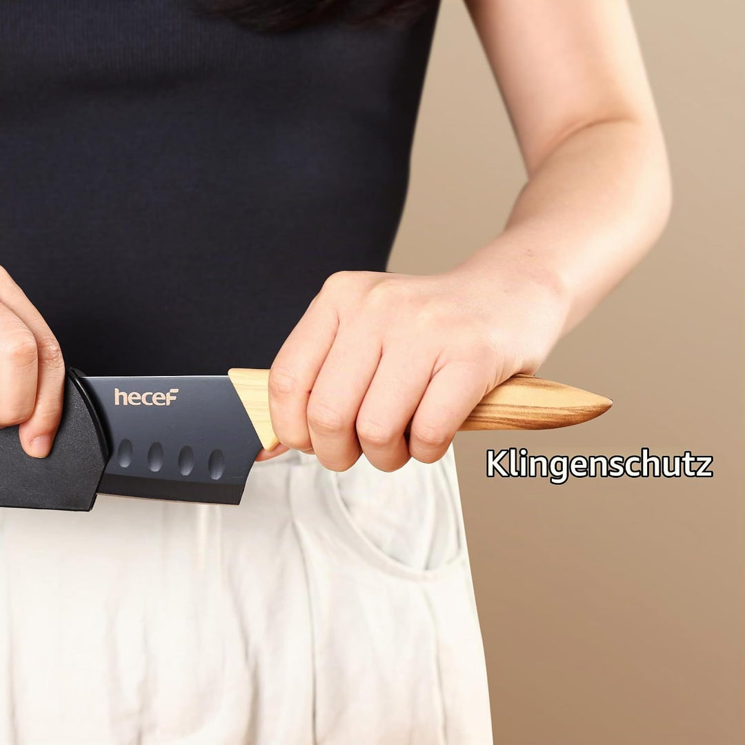 hecef Messerblock Set 6 Teilig, Edelstahl Küchenmesser mit Universalblock, Chefmesser &amp; Santoku, Ext