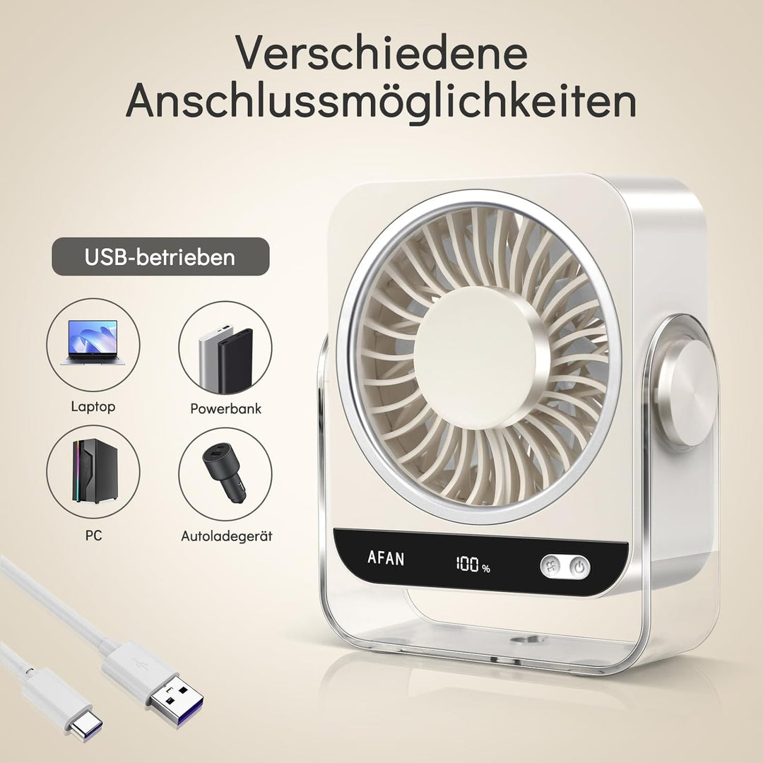 Leiser Tischventilator - 5 Geschwindigkeiten & Manuelles Oszillieren, USB-C, Tragbarer Büro Ventilat