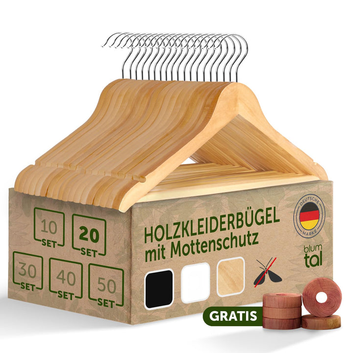 Blumtal Kleiderbügel Holz 20er Set - Holzbügel mit 360° drehbarem Metallhaken - Bügel aus robustem M