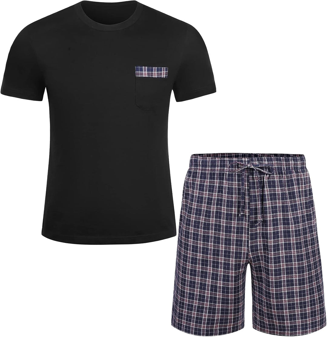 Schlafanzug Herren Kurz Pyjama 100% Baumwolle Kurzarm Nachtwäsche Nightwear Set mit Rundhals Design