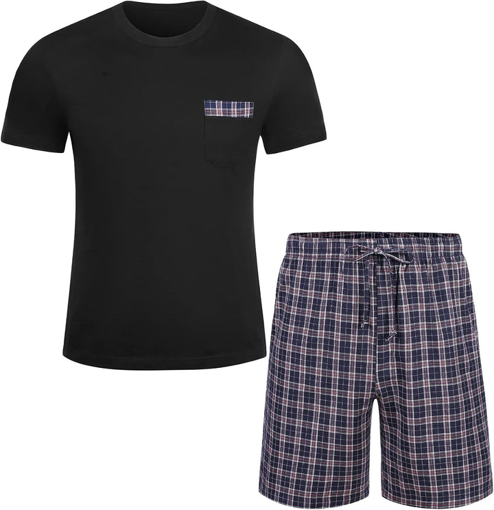 Schlafanzug Herren Kurz Pyjama 100% Baumwolle Kurzarm Nachtwäsche Nightwear Set mit Rundhals Design