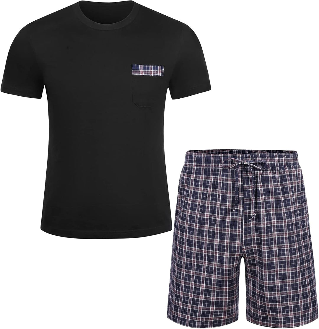 Schlafanzug Herren Kurz Pyjama 100% Baumwolle Kurzarm Nachtwäsche Nightwear Set mit Rundhals Design