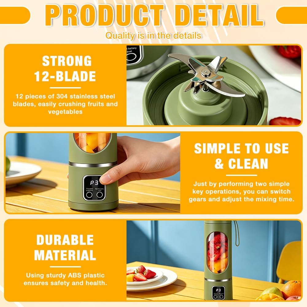 Tragbarer Mixer, 450ml Mixer Smoothie Maker to Go, Portable Blender mit 12-Blatt, Mini Standmixer mi