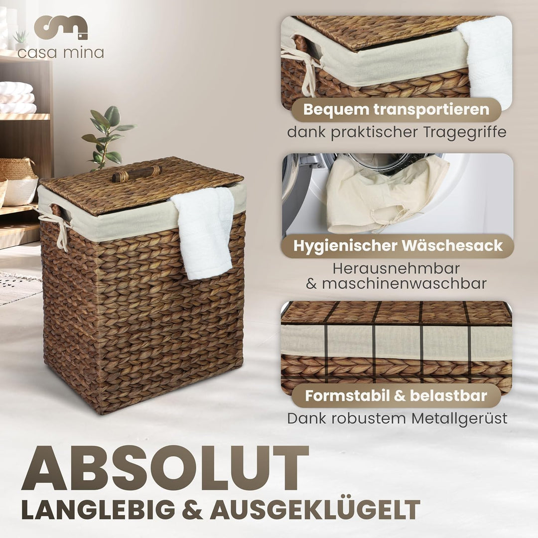 Casa Mina® Wäschekorb mit Deckel 44 x 34 x 54cm hoch I Atmungsaktiver Wäschekorb geflochten aus 100%