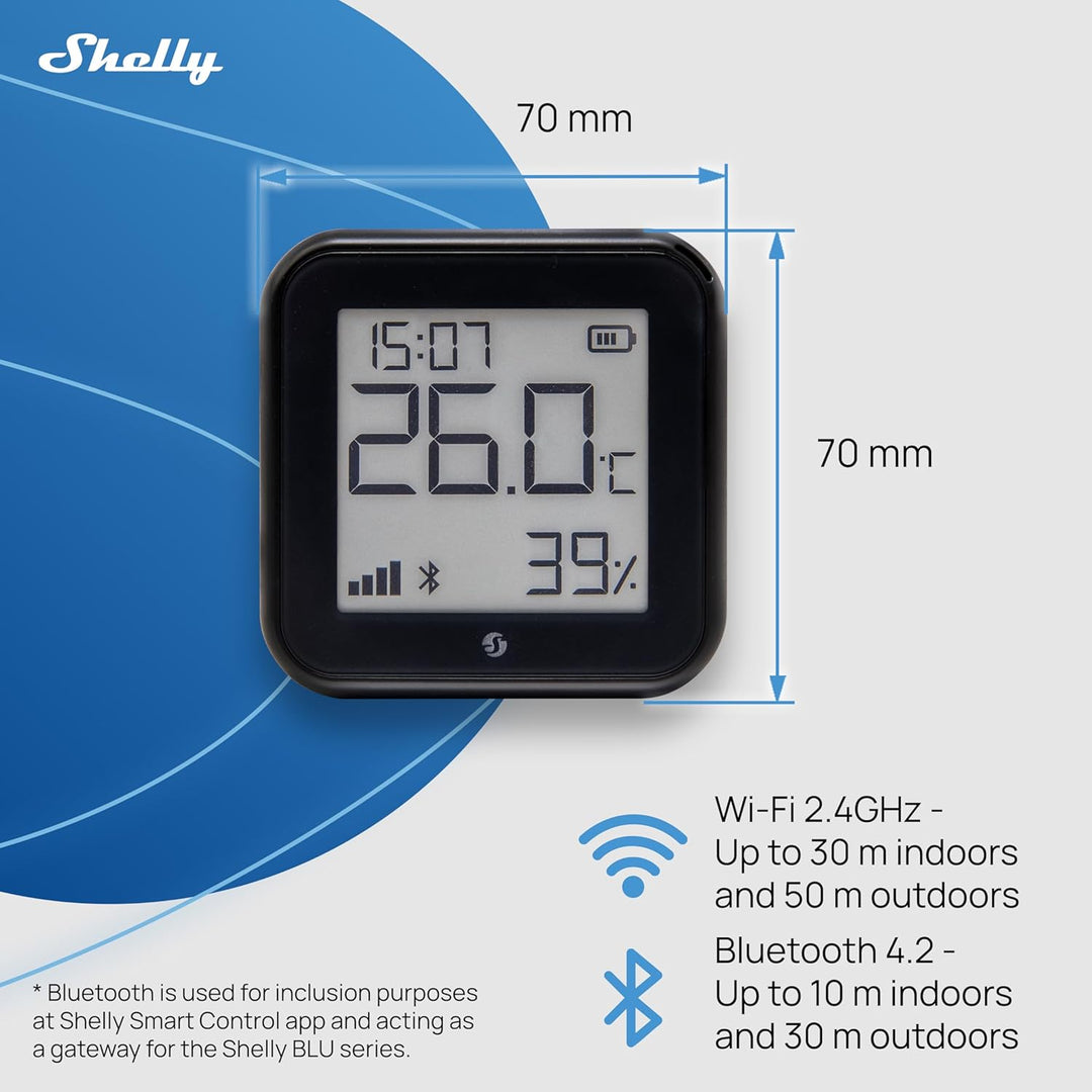 Shelly AZ H&T Schwarz, WLAN Smart Temperatur- und Feuchtigkeitssensor, Schnelle Verbindung mit Alexa