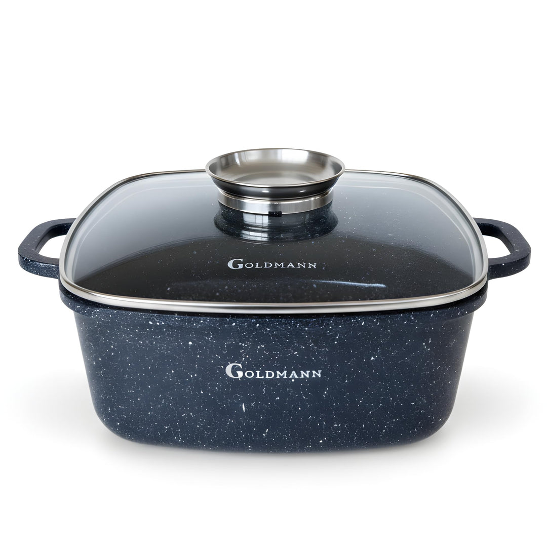 Goldmann 24cm Quadratischer Alu-Guss Bräter (4.5L), Glasdeckel, Keramik, Induktion, Aromaknopf, PFOA