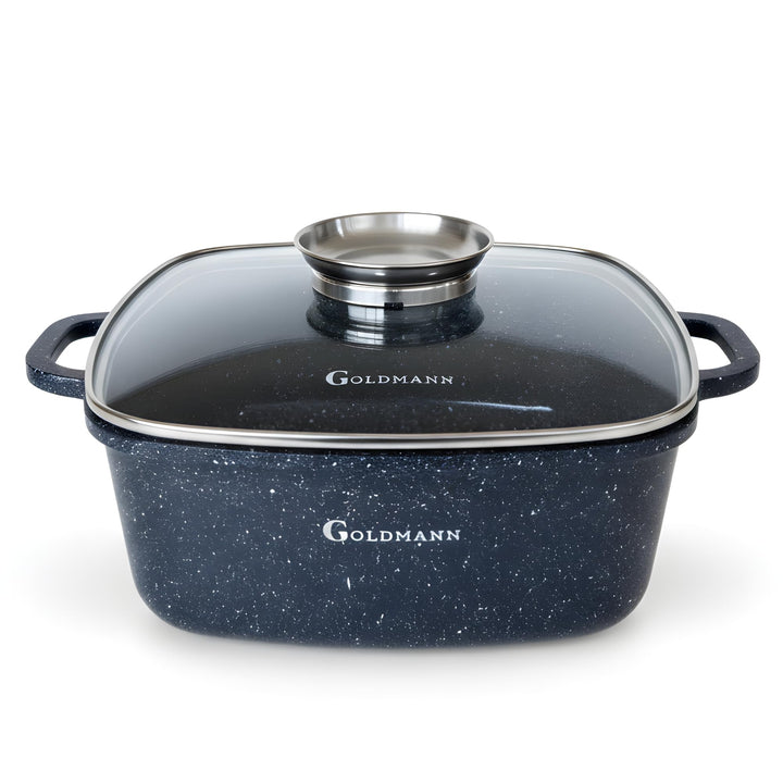 Goldmann 24cm Quadratischer Alu-Guss Bräter (4.5L), Glasdeckel, Keramik, Induktion, Aromaknopf, PFOA