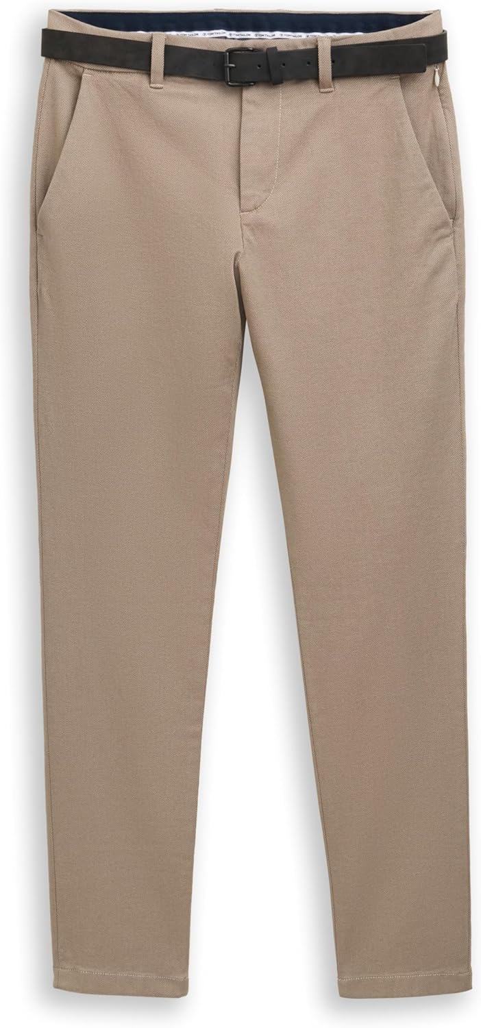 Tom Tailor Herren Slim Fit Chino Hose aus Stretch Piqué mit Gürtel 29W / 32L 38564 - Beige Brown Zig